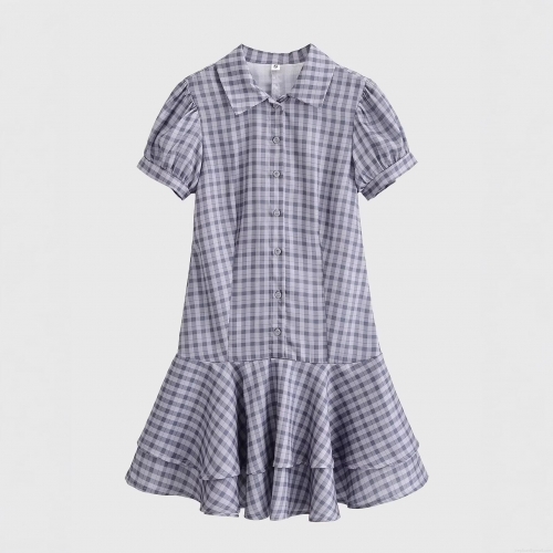 Women's Sexy Lolita Style Plaid Mini Dress 100% Polyester Short Sleeve Shirt Collar Ruffle Layered Gingham Dress For Party Clubwear Ladies
