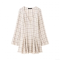 Women's Retro Plaid V-Neck Long Sleeve Mini Dress Casual Cotton Blend A-Line Pleated Dress Fashion Checkered Short Skater Dress For Women Spring Summer