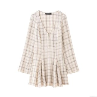 Women's Retro Plaid V-Neck Long Sleeve Mini Dress Casual Cotton Blend A-Line Pleated Dress Fashion Checkered Short Skater Dress For Women Spring Summer