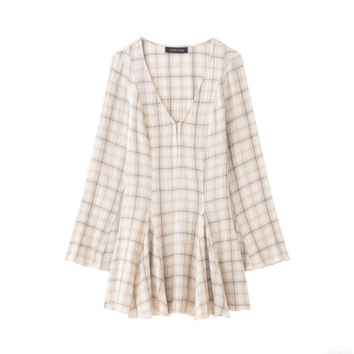 Women's Retro Plaid V-Neck Long Sleeve Mini Dress Casual Cotton Blend A-Line Pleated Dress Fashion Checkered Short Skater Dress For Women Spring Summer