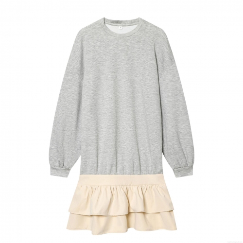 Women's Casual Round Neck Long Sleeve Patchwork Dress Sweet Ruffle Hem Knitted Sweatshirt Mini Dress Fashion Loose Fit Short Dress For Women