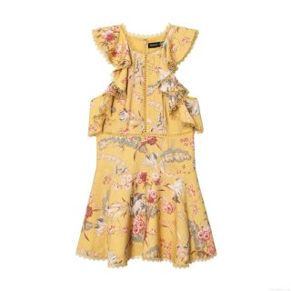 Women's Ginger Yellow Floral Mini Dress With Lace Trim Backless Ruffle Detail Halter Neck Slim Fit Short Dress For Summer Vacation Party