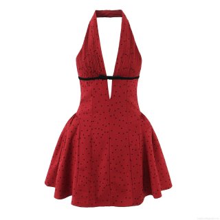 Women's Retro Polka Dot Halter Mini Dress Stretchy Polyester V-Neck Pleated Bust Backless High Waist A-Line Dress For Party Vacation