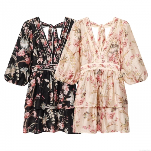 Women's Floral Print V-Neck Mini Dress Lantern Sleeve Backless Tie Up Tiered Ruffle Hem Bohemian Summer Vacation Party Dresses