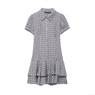 Women's Plaid Gingham Mini Dress Short Sleeve Shirt Collar Button Up Layered Ruffle Hem Polyester Bodycon Summer Casual Sweet Dress for Women
