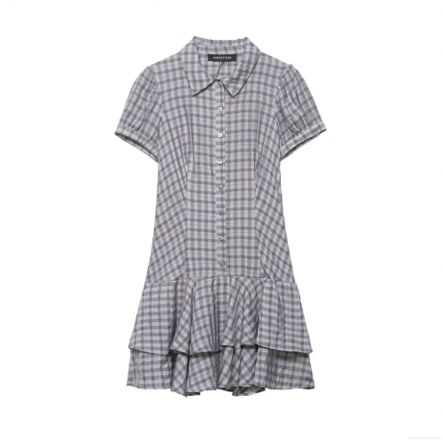 Women's Plaid Gingham Mini Dress Short Sleeve Shirt Collar Button Up Layered Ruffle Hem Polyester Bodycon Summer Casual Sweet Dress for Women