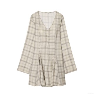 Women's Vintage Plaid V-Neck Mini Dress Long Flare Sleeve Slim Fit A-Line Short Dress British Style Gingham Elegant Skater Party Dress For Women