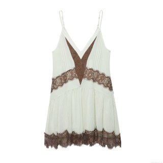 Women's Sexy Lace Splicing V-Neck Slip Dress Summer Sleeveless Backless Mini Dress Fashion Floral Lace Chiffon Patchwork Party Nightdress Clubwear Sundress