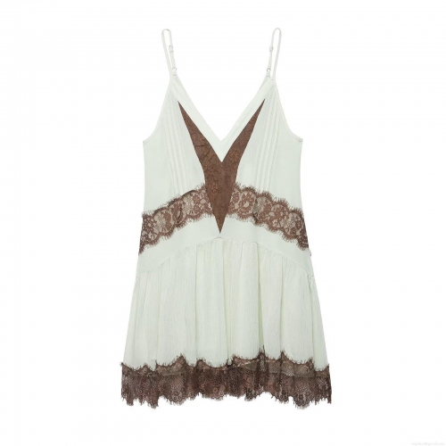 Women's Sexy Lace Splicing V-Neck Slip Dress Summer Sleeveless Backless Mini Dress Fashion Floral Lace Chiffon Patchwork Party Nightdress Clubwear Sundress