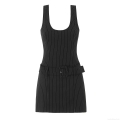 Women's Sexy Striped Sleeveless Mini Dress Slim Fit U-Neck Polyester Blend Bodycon Sundress With Belt For Party Clubwear Casual Summer Vest Dress
