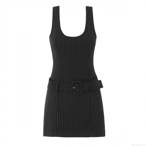 Women's Sexy Striped Sleeveless Mini Dress Slim Fit U-Neck Polyester Blend Bodycon Sundress With Belt For Party Clubwear Casual Summer Vest Dress