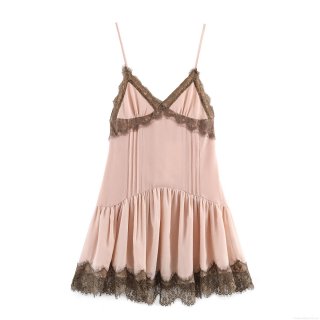 Women's Sexy Lace Patchwork Cami Mini Dress V Neck Adjustable Straps Layered Ruffle Hem Chiffon Party Clubwear Summer Sleeveless Elegant Lolita Style Dress