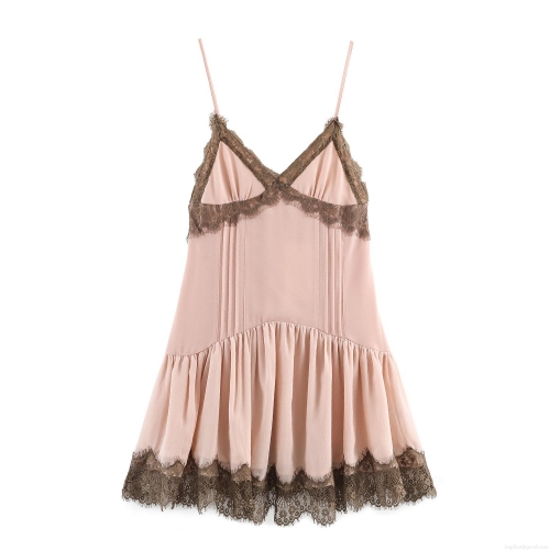 Women's Sexy Lace Patchwork Cami Mini Dress V Neck Adjustable Straps Layered Ruffle Hem Chiffon Party Clubwear Summer Sleeveless Elegant Lolita Style Dress