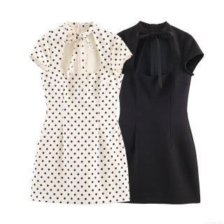 Women's Sexy Hollow Out Bow Knot Mini Dress Polyester Polka Dot Black Slim Fit High Waist Bodycon Short Sleeve Short Dress For Party Clubwear