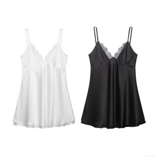 Women's Sexy V-Neck Lace Trim Satin Slip Dress Adjustable Spaghetti Straps Sleeveless Mini Dress Solid Color Party Clubwear Nightgown