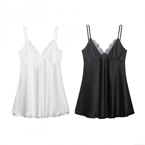 Women's Sexy V-Neck Lace Trim Satin Slip Dress Adjustable Spaghetti Straps Sleeveless Mini Dress Solid Color Party Clubwear Nightgown