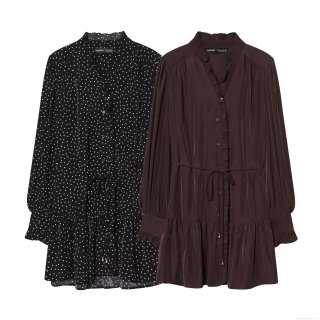 Women's Sexy Ruffle Long Sleeve Mini Dress Fashion Polka Dot Solid Silk Satin Dress With Drawstring Waist V Neck Party Ladies Short Dresses