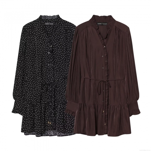 Women's Sexy Ruffle Long Sleeve Mini Dress Fashion Polka Dot Solid Silk Satin Dress With Drawstring Waist V Neck Party Ladies Short Dresses