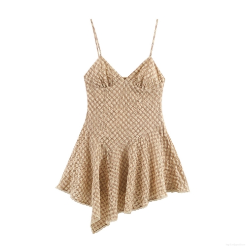 Women Sexy Plaid Lace Trim Cami Dress V-Neck Sleeveless High Waist Bodycon Mini Dress For Summer Party Dating Casual Outfits Polyester