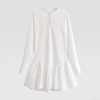 Sexy Women's White Long Sleeve Mini Dress Ruffle Hem Round Neck Button Front Loose Fit Short Dress for Daily Dating Casual Polyester Fashion