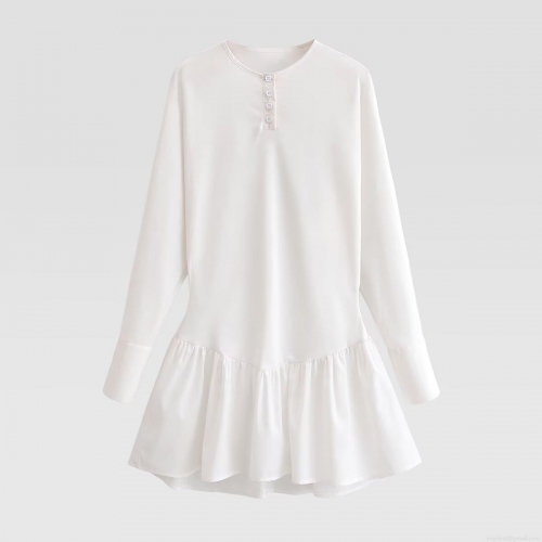 Sexy Women's White Long Sleeve Mini Dress Ruffle Hem Round Neck Button Front Loose Fit Short Dress for Daily Dating Casual Polyester Fashion
