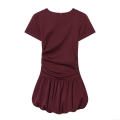 Women's Burgundy Ruched Bubble Hem Mini Dress Elegant Short Sleeve Round Neck Bodycon Solid Color Club Party Polyester Short Dress