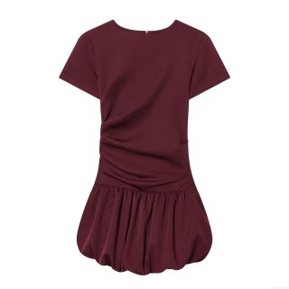 Women's Burgundy Ruched Bubble Hem Mini Dress Elegant Short Sleeve Round Neck Bodycon Solid Color Club Party Polyester Short Dress