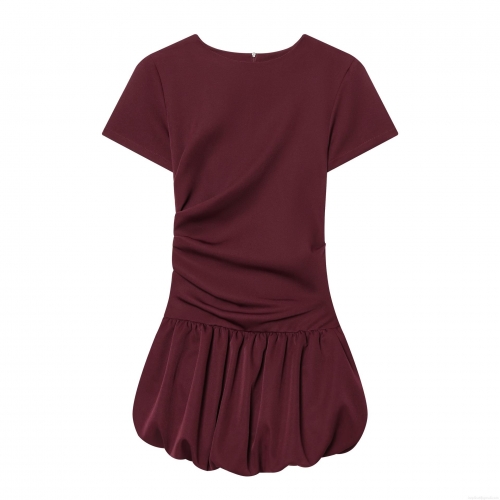Women's Burgundy Ruched Bubble Hem Mini Dress Elegant Short Sleeve Round Neck Bodycon Solid Color Club Party Polyester Short Dress