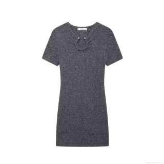 Women Sexy Grey Knitted Mini Dress With Metal U-Ring Detail Short Sleeve High Waist Bodycon Sheath Dress For Party Clubwear