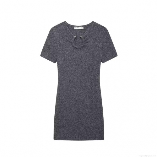 Women Sexy Grey Knitted Mini Dress With Metal U-Ring Detail Short Sleeve High Waist Bodycon Sheath Dress For Party Clubwear