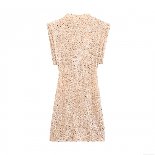 Women Elegant Sequin Polyester Mini Dress With Padded Shoulder Sleeveless Round Neck Slim Fit Sexy Party Evening Club Socialite Bodycon Dress