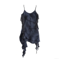 Women's Elegant Navy Blue Tie Dye Cami Mini Dress With Lace Trim And Ruffle Hem Sleeveless Polyester Mesh Chiffon Bodycon Party Dress