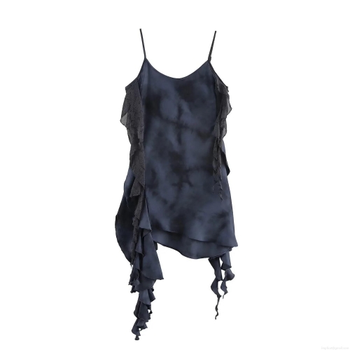 Women's Elegant Navy Blue Tie Dye Cami Mini Dress With Lace Trim And Ruffle Hem Sleeveless Polyester Mesh Chiffon Bodycon Party Dress