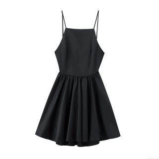 Elegant Sexy Backless Mini Dress Women Solid Black Spaghetti Strap V Neck Sleeveless Pleated Short Dress With Gold Metal Buckle Detail For Party Club Summer