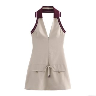 Women's Halter Neck Mini Dress Sexy V-Neck Sleeveless Contrast Color Patchwork Dress With Zipper Front And Drawstring Waist Elegant Slim Fit Short Dress For Summer Party