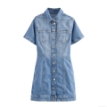 Women's Casual Denim Short Sleeve Mini Dress Button Front Slim Fit Workwear Style Blue Jean Mini Dresses For Women Trendy Streetwear Fashion Outfit