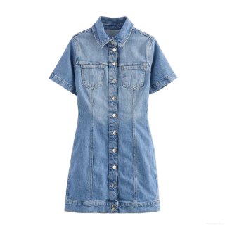 Women's Casual Denim Short Sleeve Mini Dress Button Front Slim Fit Workwear Style Blue Jean Mini Dresses For Women Trendy Streetwear Fashion Outfit