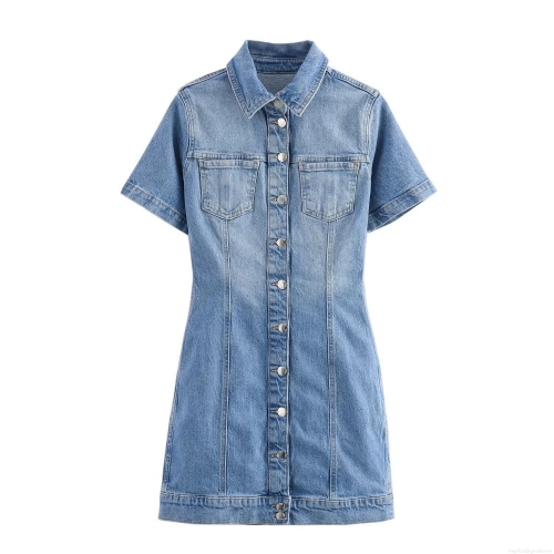 Women's Casual Denim Short Sleeve Mini Dress Button Front Slim Fit Workwear Style Blue Jean Mini Dresses For Women Trendy Streetwear Fashion Outfit