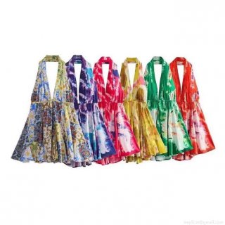 Women's Sexy Halter Neck Backless Mini Dress Polyester Tie-Dye Floral Print V-Neck Lace-Up Sleeveless Summer Vacation Party Elegant Slim Fit Sundress