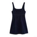 Women's Elegant Navy Blue Denim Suspenders A-Line Mini Dress Contrast Stitching Square Neck Sleeveless Slim Fit Casual Chic Summer Party Short Dress