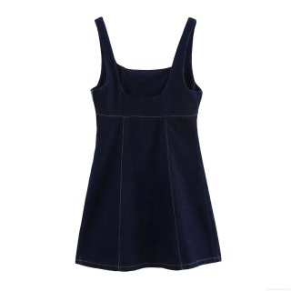 Women's Elegant Navy Blue Denim Suspenders A-Line Mini Dress Contrast Stitching Square Neck Sleeveless Slim Fit Casual Chic Summer Party Short Dress