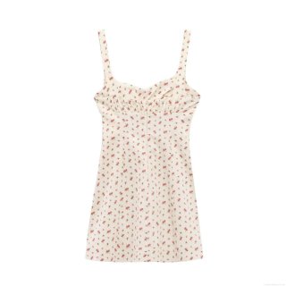 French Vintage Floral Mini Cami Dress Women Summer Beach Vacation Party Ruched Bust A-Line Polyester Blend Dress With Back Zipper Elegant Spaghetti Strap Sundress