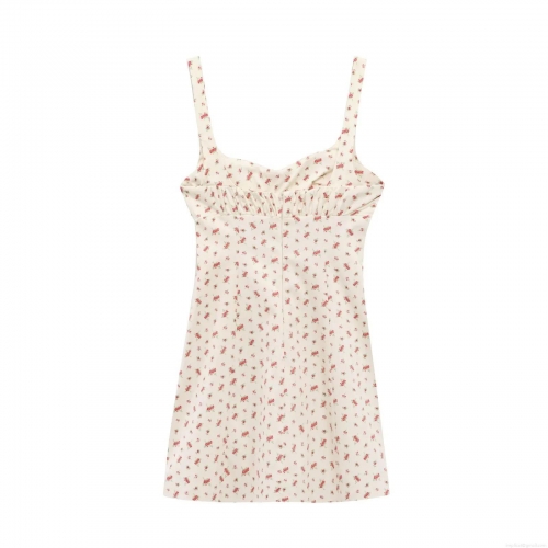 French Vintage Floral Mini Cami Dress Women Summer Beach Vacation Party Ruched Bust A-Line Polyester Blend Dress With Back Zipper Elegant Spaghetti Strap Sundress