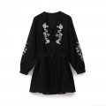 Women Elegant Black Embroidery Mini Dress Cotton Blend V Neck Long Sleeve Mesh Patchwork Dress With Belt For Party Dating