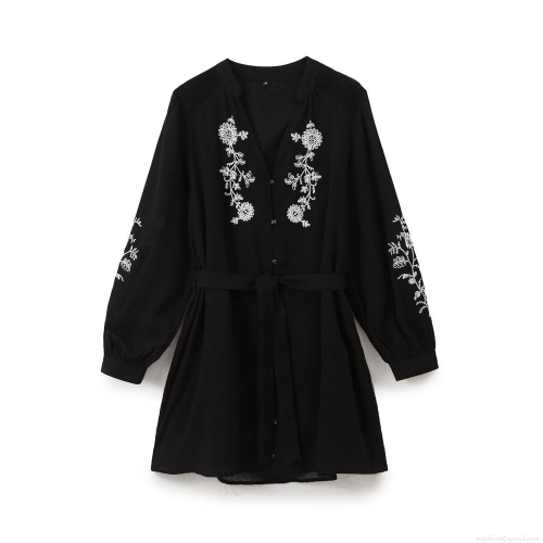 Women Elegant Black Embroidery Mini Dress Cotton Blend V Neck Long Sleeve Mesh Patchwork Dress With Belt For Party Dating
