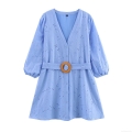 Elegant V Neck Hollow Out Embroidery Mini Dress For Women Long Sleeve Cotton Blend A-Line Party Dress With Belt Sky Blue