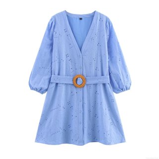 Elegant V Neck Hollow Out Embroidery Mini Dress For Women Long Sleeve Cotton Blend A-Line Party Dress With Belt Sky Blue