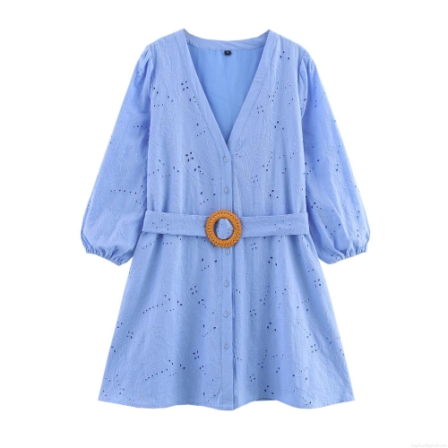 Elegant V Neck Hollow Out Embroidery Mini Dress For Women Long Sleeve Cotton Blend A-Line Party Dress With Belt Sky Blue