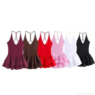 Women Halter V-Neck Backless Ruffle Tiered Hem Mini Dress Elegant Sexy Solid Color Sleeveless Party Clubwear Polyester Dress