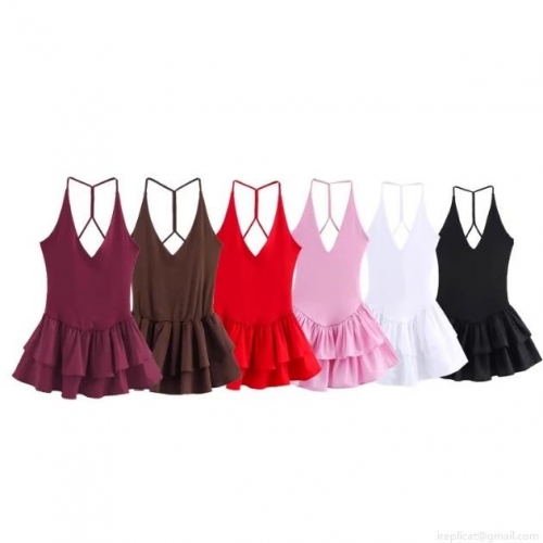 Women Halter V-Neck Backless Ruffle Tiered Hem Mini Dress Elegant Sexy Solid Color Sleeveless Party Clubwear Polyester Dress